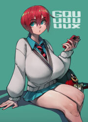 alternate_breast_size amate_yuzuriha aqua_eyes aqua_shirt aqua_skirt breasts chestnut_mouth gundam gundam_gquuuuuux highres huge_breasts necktie red_hair school shirt short_hair simple_background sitting skirt sweater zako_(arvinry)