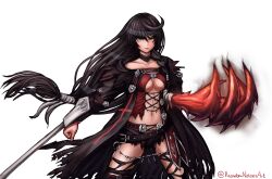 1girl absurdres artist_name bandaged_arm bandages black_choker black_hair braid breasts choker claw_(weapon) collarbone cowboy_shot dragon_claw hair_between_eyes highres looking_at_viewer medium_breasts navel pointy_ears randomnoisesart shorts solo standing tales_of_(series) tales_of_berseria thighhighs thighs torn_clothes torn_shorts torn_thighhighs transparent_background underboob velvet_crowe weapon yellow_eyes