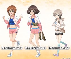 3girls akiyama_yukari alternate_hairstyle aqua_socks bag belt black_ribbon black_shorts blue_shirt blush bottle breasts brown_eyes brown_hair camouflage character_name cleavage collarbone crop_top cup_holder fanny_pack floral_print girls_und_panzer girls_und_panzer_senshadou_daisakusen! gradient_background hair_between_eyes hair_ribbon holding holding_bottle holding_towel hood hooded_jacket jacket jogging kneehighs legs long_sleeves looking_at_viewer low_twintails messy_hair midriff multiple_girls navel nishizumi_miho official_art open_clothes open_jacket paw_print paw_print_pattern pink_jacket pink_shorts purple_footwear racing_stripes ribbon shimada_arisu shirt shoes short_hair shorts shoulder_bag smile sneakers socks sweat thighs towel track_jacket translated twintails two-tone_shorts water_bottle waving white_footwear white_jacket white_socks yellow_background