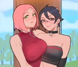2girls artist_name bare_shoulders black_collar black_eyes black_gloves black_hair black_tube_top blue_sky blush boruto:_naruto_next_generations boruto:_two_blue_vortex breasts chinese_clothes closed_mouth collar collarbone commentary covered_erect_nipples day earrings elbow_gloves english_commentary glasses gloves green_eyes hand_on_another&#039;s_head haruno_sakura jewelry large_breasts looking_at_viewer multiple_girls naruto_(series) nipples outdoors pink_hair short_hair signature sky smile standing strapless tube_top uchiha_sarada uchihaniray upper_body