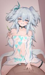 1boy 1girl assertive_female bare_shoulders black_choker blue_eyes blue_hair blush breasts choker clothed_female_nude_male cowgirl_position fiftya florence_(girls&#039;_frontline_2) girl_on_top girls&#039;_frontline girls&#039;_frontline_2:_exilium grin hair_between_eyes hand_on_another&#039;s_stomach hand_up happy_sex heart heart-shaped_pupils heart_print hetero highres holding holding_syringe indoors long_hair navel nude off-shoulder_shirt off_shoulder on_bed pa-15_(girls&#039;_frontline) pa-15_(marvelous_yam_pastry)_(girls&#039;_frontline) penis print_shirt see-through_clothes see-through_shirt sex shirt small_breasts smile solo_focus straddling symbol-shaped_pupils syringe thigh_strap uncensored white_shirt