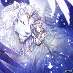 1girl :o animal aqua_hair back_bow blue_background blunt_bangs bow chain chain_leash clona clothing_cutout collar dairoku_ryouhei detached_sleeves dress empire_waist falling_petals feathered_wings feet_out_of_frame gold_collar gradient_hair head_chain horns jewelry leaning_on_animal leash lion long_hair long_sleeves low_wings multicolored_hair oversized_animal petals purple_eyes ringlets short_sleeves single_horn solo veil white_dress white_hair white_veil white_wings winged_animal wings