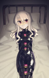 1girl bdsm belt black_belt bodysuit bondage bondage_outfit bound breasts cad_(caddo) chest_harness commentary_request fate/stay_night fate_(series) gag gagged harness highres illyasviel_von_einzbern improvised_gag latex latex_bodysuit long_hair long_sidelocks looking_at_viewer lying on_back on_bed red_eyes restrained sidelocks signature small_breasts solo tape tape_gag white_hair