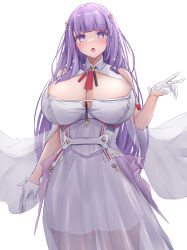 1girl absurdres azur_lane bare_shoulders breasts cleavage cleavage_cutout clothing_cutout commentary cowboy_shot dress gloves half_gloves highres huge_breasts long_hair looking_at_viewer open_mouth plymouth_(azur_lane) purple_eyes purple_hair red_ribbon ribbon see-through_clothes see-through_dress simple_background sleeveless sleeveless_dress solo very_long_hair white_background white_dress white_gloves yuuki_shuri