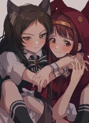 Rule 34 | 2girls, absurdres, animal ears, arm around shoulder, black socks, blush, bow, bowtie, brown eyes, brown hair, closed mouth, fang, fang out, fingernails, fox ears, hairband, hano9789, highres, hood, hood up, idolmaster, idolmaster million live!, kitazawa shiho, long hair, looking at viewer, multiple girls, red hair, short sleeves, socks, sweatdrop, tanaka kotoha, white wrist cuffs, wrist cuffs, yellow hairband, yuri