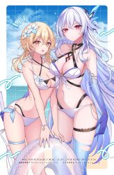 Rule 34 | 2girls, :d, bikini, blonde hair, blue gloves, blue thighhighs, breasts, cleavage, closed mouth, collarbone, commentary request, day, elbow gloves, flower, genshin impact, gloves, hair between eyes, hair flower, hair ornament, highres, kashiba aira, leaning forward, looking at viewer, lumine (genshin impact), medium breasts, multiple girls, navel, notice lines, open mouth, outdoors, purple eyes, short hair with long locks, signature, skirk (genshin impact), smile, standing, stomach, swimsuit, thigh strap, thighhighs, twitter username, white bikini, white flower, white hair, yellow eyes