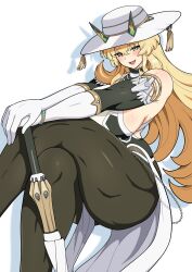 1girl abs absurdres bare_shoulders barghest_(celebratory_attire)_(fate) barghest_(fate) biceps black_dress black_gloves blonde_hair blush breasts brown_pantyhose chain chain_bracelet crossed_legs dress elbow_gloves fate/grand_order fate_(series) gloves green_eyes harurukan hat highres horns large_breasts long_hair looking_at_viewer muscular muscular_female open_mouth pantyhose pelvic_curtain sideboob smile solo sun_hat tassel thick_thighs thighs two-tone_dress two-tone_gloves white_dress white_gloves white_hat