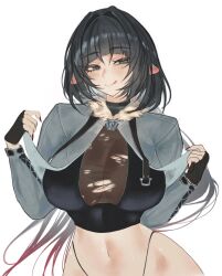 1girl :p animal_ears black_hair black_panties black_sports_bra blue_eyes blunt_bangs blush breasts cleavage closed_mouth grey_jacket highres jacket jane_doe_(zenless_zone_zero) large_breasts licking_lips mouse_(animal) mouse_ears no_pants panties panty_straps red_nails s7nsles see-through_cleavage see-through_clothes simple_background smile solo sports_bra stomach tongue tongue_out underwear upper_body white_background zenless_zone_zero