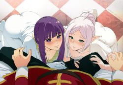 1boy 2girls akobeul ass blush breasts bulge cleavage dress elf erection erection_under_clothes fern_(sousou_no_frieren) frieren gloves green_eyes highres large_breasts looking_at_viewer multiple_girls nipples pointy_ears purple_eyes purple_hair small_breasts smile sousou_no_frieren white_dress white_gloves white_hair