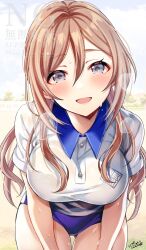 1girl absurdres black_bra blue_buruma blue_eyes blush bra bra_visible_through_clothes breasts breath brown_hair buruma collared_shirt commentary_request day gakuen_idolmaster gluteal_fold gym_shirt gym_uniform highres himesaki_rinami idolmaster indoors large_breasts leaning_forward looking_at_viewer popon_ta shirt short_sleeves signature smile solo sweat underwear wet wet_clothes wet_shirt
