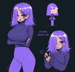 1girl black_background black_eyes black_nails breasts closed_mouth commentary crossed_arms duolingo ear_piercing english_commentary english_text hair_over_one_eye large_breasts lily_(duolingo) lipstick long_sleeves looking_at_viewer makeup megrocks multiple_views nail_polish pants piercing purple_hair purple_pants signature simple_background sleeves_past_wrists sweater turtleneck turtleneck_sweater