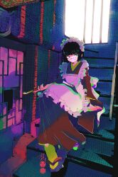 1girl absurdres apron asagiwa_ico black_hair bob_cut full_body geta glasses highres holding holding_smoking_pipe japanese_clothes kimono looking_at_viewer maid maid_headdress original short_hair sitting smoking_pipe solo stairs tabi wa_maid