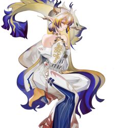1girl absurdres arknights bare_shoulders bead_necklace beads blonde_hair breasts brooch closed_eyes closed_mouth dragon_girl dragon_horns dragon_tail eastern_dragon_horns eastern_dragon_tail feet_out_of_frame fgzr8828 hair_between_eyes hair_ornament highres horns jewelry medium_breasts necklace pointy_ears shu_(arknights) simple_background solo strapless tail tube_top white_background white_tube_top