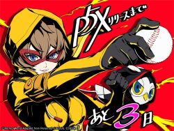 1girl animal arai_motoha artist_request ball bird brown_hair commentary copyright_name countdown domino_mask english_commentary hair_between_eyes holding holding_ball hood hood_up lips long_sleeves looking_at_viewer lufel_(p5x) mask official_art owl persona persona_5 persona_5:_the_phantom_x pink_lips red_background red_mask short_hair simple_background smile