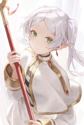 Rule 34 | 1girl, capelet, commentary, cotta (heleif), earrings, elf, expressionless, floating hair, frieren, gold trim, green eyes, highres, holding, holding staff, jewelry, long pointy ears, long sleeves, looking at viewer, mage staff, parted lips, pointy ears, shirt, sleeve cuffs, solo, sousou no frieren, staff, striped clothes, striped shirt, teardrop earrings, thick eyebrows, twintails, upper body, white background, white capelet, white hair