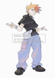 Rule 34 | 1boy, amaya uw, black shirt, black shoes, blue oak, closed mouth, collared shirt, commentary, creatures (company), fanny pack, full body, game freak, grey bag, highres, looking down, male focus, nintendo, pants, pokemon, pokemon frlg, shirt, shoes, short hair, short sleeves, simple background, smile, solo, spiked hair, standing, symbol-only commentary, twitter username, watermark, white background, wristband