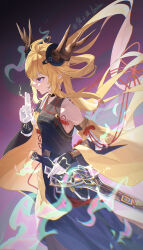 Rule 34 | 1girl, absurdres, arknights, armor, black choker, black dress, blonde hair, brown horns, chinese commentary, choker, chromatic aberration, closed mouth, commentary request, detached sleeves, dress, electricity, floating hair, gloves, highres, holding, holding sword, holding weapon, horns, leizi (arknights), leizi the thunderbringer (arknights), long hair, looking ahead, magic, mo xiao lu (molv), pointy ears, profile, purple eyes, sleeveless, sleeveless dress, solo, standing, sword, tassel, vambraces, weapon, white gloves, wide sleeves, yellow sleeves