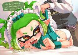 1boy 1girl alternate_language annoyed bent_over blush bow bow_panties breasts brown_eyes clothes_lift domino_mask dress dress_lift english_text fang gradient_background green_bow green_dress green_hair hair_ornament hair_ribbon hetero ikachangenema inkling inkling_(swim_form) inkling_girl inkling_player_character looking_back lying maid maid_headdress mask medium_hair nintendo nipple_cutout no_bra on_stomach open_mouth panties pointy_ears quad_tails ribbon sex sex_from_behind simple_background speech_bubble splatoon_(series) sweat tablecloth teeth tentacle_hair thighhighs underwear white_panties white_thighhighs wristband
