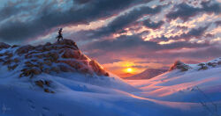 1other absurdres cloud cloudy_sky commentary dovahkiin english_commentary footprints highres landscape michal_kus mountainous_horizon outdoors rock scenery signature sky snow solo sun sunset the_elder_scrolls the_elder_scrolls_v:_skyrim wide_shot