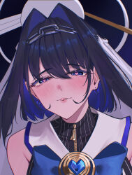 1girl absurdres black_hair blue_bow blue_eyes blue_gemstone blue_hair blush bow chain chain_headband eipanguino gem hair_intakes halo heart heart-shaped_gem heart-shaped_pupils highres hololive hololive_english looking_at_viewer mechanical_halo ouro_kronii ouro_kronii_(1st_costume) parted_lips solo symbol-shaped_pupils tearing_up virtual_youtuber zipper zipper_pull_tab