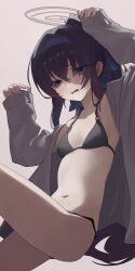 1girl absurdres arm_up bikini black_bikini black_eyes black_hair blue_archive blue_hairband blush breasts cardigan commentary cowboy_shot eyes_visible_through_hair furrowed_brow ghost_rabbit grey_cardigan hairband halo hand_up highres long_sleeves looking_at_viewer navel o-ring o-ring_bikini o-ring_top official_alternate_costume open_cardigan open_clothes simple_background sleeves_past_wrists small_breasts solo swimsuit ui_(blue_archive) ui_(swimsuit)_(blue_archive)