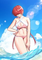 1girl bikini breasts cleavage_cutout clothing_cutout cloud curvy dan_koflove female_focus large_breasts long_hair outdoors pale_skin panties ponytail red_hair shermie_(kof) smile smiley_face standing sunlight swimsuit the_king_of_fighters thighs twintails underwear water wet wide_hips