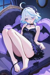 1girl alternate_costume babydoll belt_collar black_babydoll black_collar black_hairband black_nails blue_eyes blue_hair breasts collar colored_inner_hair comiket_106 cowlick demon_tail drop-shaped_pupils furina_(genshin_impact) genshin_impact hairband heart_cushion highres indoors legs_up light_particles looking_at_viewer multicolored_hair nail_polish rrr_gns_(riuriu_1212) short_hair sitting small_breasts solo symbol-shaped_pupils tail toenail_polish toenails tongue tongue_out wavy_hair white_hair