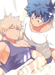 2boys absurdres armpits artist_name bakugou_katsuki ben-day_dots blonde_hair blush boku_no_hero_academia closed_eyes collarbone freckles green_hair grey_shirt heart highres implied_yaoi indoors light_blush looking_at_another male_focus mature_male midoriya_izuku multicolored_eyes multiple_boys muscular muscular_male parted_lips pectoral_cleavage pectorals raised_eyebrows screentones shirt short_hair short_sleeves sidepec signature sleeping spiked_hair strap_slip sunlight tank_top taut_clothes taut_shirt twitter_username watermark white_shirt window_blinds window_shadow yazaki_(yazakc)
