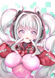 1girl absurdres alice_(nikke) animal_ear_headphones animal_ears blush bodysuit breasts fake_animal_ears gloves goddess_of_victory:_nikke headphones headset highres impossible_bodysuit impossible_clothes jacket large_breasts latex latex_bodysuit leotard long_hair looking_at_viewer multicolored_gloves open_mouth pink_bodysuit pink_eyes pink_gloves pink_leotard shio_kyabetsu shrug_(clothing) skin_tight smile solo twintails two-tone_gloves upper_body