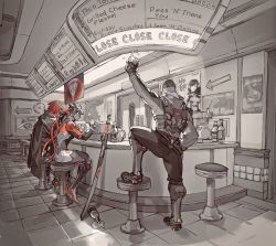 3boys aged_down bad_id bad_twitter_id blackwatch_(overwatch) blackwatch_cassidy blackwatch_genji blackwatch_reyes bottle brown_hair cape cassidy_(overwatch) clock cup cyborg d.va_(overwatch) diner genji_(overwatch) hat highres honey_bee_(bancoth) indoors male_focus menu_board multiple_boys overwatch overwatch_1 poster_(object) reaper_(overwatch) restaurant route_66_(overwatch) seat sitting spill stool sword tile_floor tiles weapon
