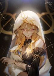 1girl artist_name asymmetrical_sleeves bare_shoulders black_background black_sleeves blonde_hair breasts cleavage closed_eyes crossed_arms double_helix facing_viewer genshin_impact highres hood instagram_username long_hair renjj7_(renn) rhinedottir_(genshin_impact) small_breasts smile teeth thick_eyelashes twitter_username two-tone_background upper_body veil watermark white_sleeves white_veil wide_sleeves yellow_background