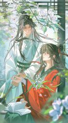 Rule 34 | 2boys, absurdres, artist request, bandaged arm, bandages, black hair, black hanfu, blurry, blurry foreground, book, branch, broom, chinese clothes, chinese commentary, chinese text, closed mouth, coat, commission, dao gui yi xian, day, falling leaves, falling petals, floating hair, flower, grey eyes, hair bun, hair ornament, hair ribbon, hair stick, half updo, hanfu, highres, holding, holding book, holding broom, holding flower, indoors, lattice, leaf, li huowang, light particles, long hair, long sleeves, looking at another, male focus, multiple boys, open book, open clothes, open coat, paintbrush hair ornament, parted bangs, parted lips, petals, red coat, red eyes, red ribbon, ribbon, robe, sash, scroll, second-party source, sidelocks, single hair bun, sitting, smile, standing, watermark, white coat, white flower, white hanfu, white ribbon, wide sleeves, wind, yaoi, zhuge yuan