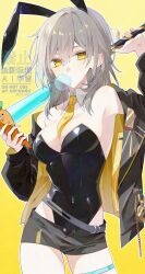 1girl 24_n4na absurdres alternate_costume animal_ears baseball_bat black_jacket black_leotard black_shorts blowing_bubble_gum breasts commentary covered_navel cowboy_shot detached_collar fake_animal_ears grey_hair highres holding holding_baseball_bat honkai:_star_rail honkai_(series) jacket large_breasts leotard long_hair long_sleeves looking_at_viewer necktie open_clothes open_fly open_jacket playboy_bunny rabbit_ears short_necktie short_shorts shorts simple_background solo stelle_(honkai:_star_rail) strapless strapless_leotard symbol-only_commentary trailblazer_(honkai:_star_rail) twitter_username two-sided_fabric two-sided_jacket watermark yellow_background yellow_eyes yellow_necktie