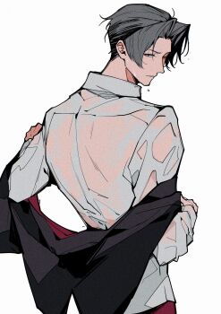 Rule 34 | 1boy, ace attorney, arm up, black jacket, c138300, collared shirt, commentary, cowboy shot, curtained hair, grey eyes, grey hair, highres, jacket, jacket partially removed, long sleeves, looking back, male focus, miles edgeworth, pants, parted lips, red pants, shirt, short hair, sideways glance, simple background, solo, symbol-only commentary, wet, wet clothes, white background, white shirt