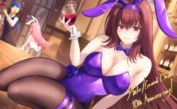 Rule 34 | 1boy, 2girls, alcohol, animal ears, bar (place), black pants, black vest, blue hair, bottle, bow, breasts, cleavage, closed mouth, collarbone, cu chulainn (fate), cu chulainn (fate/stay night), cup, detached collar, drinking glass, english text, eyebrows hidden by hair, facing viewer, fake animal ears, fake tail, fate/grand order, fate/stay night, fate (series), fishnet pantyhose, fishnets, hair between eyes, heart, highres, holding, holding cup, large breasts, leaning to the side, leotard, long hair, looking at another, looking at viewer, low ponytail, medb (fate), multiple girls, open mouth, pants, pantyhose, pink hair, playboy bunny, ponytail, purple bow, purple hair, purple leotard, rabbit ears, rabbit tail, red eyes, scathach (fate), scathach (piercing bunny) (fate), shelf, smile, sparkle, strapless, strapless leotard, tail, thighs, umirunie, very long hair, vest, waiter, white leotard, wine, wine bottle, wine glass