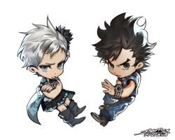 1boy 1girl black_boots black_hair black_shoes black_skirt blue_eyes blue_jacket blue_pants blue_shirt boots chibi commentary dated english_commentary eyelashes fingernails full_body green_eyes jacket kyokugen_dasshutsu kyokugen_dasshutsu_adv:_zennin_shibou_desu open_clothes open_jacket pants phi_(kyokugen_dasshutsu) shirt shoes short_hair short_sleeves sigma_(kyokugen_dasshutsu) signature simple_background skirt snartles v-shaped_eyebrows very_short_hair watch white_background white_hair wristwatch