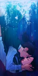 Rule 34 | 2girls, black hair, closed eyes, commentary request, friendly rivalry, green necktie, green skirt, green vest, hand on another&#039;s face, highres, korean commentary, mole, mole under eye, mole under mouth, multiple girls, necktie, ponytail, shirt, skirt, sonyeon ssi, underwater, vest, water, white shirt, woo seul-gi, yoo je-i, yuri