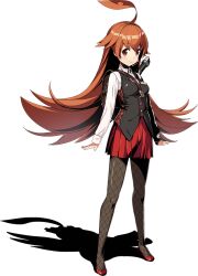 1girl ahoge artist_request black_vest breasts brown_bag brown_eyes brown_hair closed_mouth duel_masters duel_masters_play&#039;s fishnet_pantyhose fishnets full_body huge_ahoge kokko_rupiko long_hair long_sleeves looking_at_viewer medium_breasts official_art outstretched_arms pantyhose pleated_skirt red_shoes red_skirt shade shadow shirt shoes simple_background skirt solo spread_arms standing transparent_background very_long_hair vest white_shirt