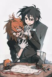2boys black_coat black_eyes black_hair blood boxcutter chair character_doll clutching_chest coat coin desk fangs finger_in_own_mouth gakuran glasses gloves grey_background heizuo955 highres holding_another&#039;s_hair holed_coin knife looking_at_another male_focus medium_hair multiple_boys nosebleed orange_hair ouija randal&#039;s_friends randal_ivory school_desk school_uniform simple_background sitting string string_of_fate teardrop tsukada_satoru white_gloves