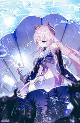 1girl absurdres bare_shoulders blunt_bangs bow-shaped_hair breasts closed_mouth detached_sleeves genshin_impact highres horns hydro_symbol_(genshin_impact) japanese_clothes long_hair long_sleeves medium_breasts navel nontraditional_miko one_eye_closed pink_hair purple_eyes sangonomiya_kokomi seashell shell smile solo stomach thighhighs underwater vision_(genshin_impact) water white_thighhighs wide_sleeves zeroartwo