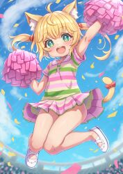 1girl :d absurdres ahoge animal_ear_fluff animal_ears bare_legs blonde_hair bow cat_ears cat_girl cat_tail collared_dress commentary_request commission dress full_body green_dress green_eyes hair_bobbles hair_ornament highres holding holding_pom_poms loli long_hair multicolored_dress open_mouth original pink_dress pixiv_commission pom_pom_(cheerleading) pom_poms red_bow shoes short_sleeves smile solo striped_clothes striped_dress tail tail_bow tail_ornament teeth twintails upper_teeth_only variant_set white_shoes yellow_dress zusshii_(libertasgenesis)