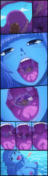 absurdres anko_(karbo) blonde_hair blue_eyes blue_hair blue_skin breasts cleavage colored_skin comic felarya giant giantess highres inside_creature karbo nipples open_mouth pointy_ears smile swallowing teeth throat_bulge tongue tongue_out uvula vore water wet