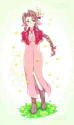 Rule 34 | 1girl, 39cva, absurdres, aerith gainsborough, ahoge, arms behind back, blonde hair, boots, braid, braided ponytail, breasts, brown boots, brown hair, buttons, center opening, character name, chibi, choker, cleavage, closed mouth, cloud strife, cropped jacket, dated, dress, falling petals, final fantasy, final fantasy vii, flower, full body, green eyes, hair ribbon, happy birthday, highres, jacket, long dress, long hair, medium breasts, parted bangs, petals, pink dress, pink ribbon, puffy short sleeves, puffy sleeves, red jacket, ribbon, ribbon choker, short hair, short sleeves, sidelocks, single braid, size difference, smile, spiked hair, twintails, yellow flower, yellow petals