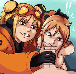 Rule 34 | 1boy, 2girls, angry, assisted fellatio, bar censor, black gloves, blonde hair, breasts, brown eyes, censored, cleavage, eyewear on head, fellatio, freckles, gloves, goggles, gradient background, highres, jacket, medium breasts, multiple girls, nami (one piece), nude, one piece, oral, orange hair, orange jacket, pov, s0 underrated, smile, vegapunk york, yellow eyes
