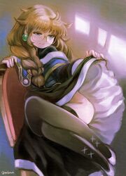 1girl artist_name black_dress black_thighhighs blue_eyes braided_twintails cafe_artful choppy_bangs closed_mouth clothes_lift commentary_request crossed_legs dress dress_lift earrings feet_up fingernails full_body glasses hayasaka highres jewelry lifting_own_clothes long_hair messy_hair no_panties on_chair orange_hair presenting rance_(series) round_eyewear seductive_smile shoes sitting smile solo thighhighs white_shoes