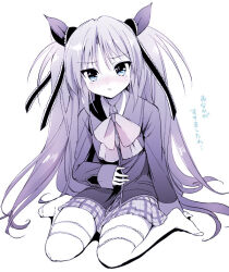 Rule 34 | 1girl, akina tsukako, aqua eyes, arm at side, black jacket, black ribbon, blue eyes, blush, bow, closed mouth, commentary request, eyelashes, frilled ribbon, frills, frown, full body, hair ribbon, hair spread out, hand on own stomach, jacket, little busters!, little busters! school uniform, long hair, long ribbon, long sleeves, looking at viewer, miniskirt, monochrome, no shoes, nose blush, plaid clothes, plaid skirt, ribbon, sasasegawa sasami, school uniform, simple background, sitting, skirt, solo, straight hair, tears, thighhighs, translated, two side up, v-shaped eyebrows, very long hair, wariza, white background, white thighhighs, zettai ryouiki