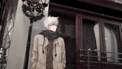 Rule 34 | 1boy, absurdres, alternate costume, black scarf, blue eyes, breath, brown coat, brown sweater, christmas wreath, closed mouth, coat, drawstring, dsarl995595, hair between eyes, hand in pocket, hand up, highres, jacket, lamppost, long sleeves, looking to the side, lu guang, male focus, merry christmas, outdoors, photo background, profile, scarf, shiguang dailiren, shirt, short hair, sleeves past wrists, snow, snowing, solo, sweater, upper body, white hair, winter, wreath