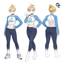 1girl abs black_choker blonde_hair blowing_kiss blue_pants blush choker closed_mouth commentary english_commentary eyelashes eyes_visible_through_hair from_behind full_body ghhoward gradient_hair hair_bun hair_over_one_eye hand_on_own_hip heart long_sleeves midriff multicolored_hair multiple_views navel no_shoes one_eye_closed original pants pink_eyes print_shirt shirt shoelaces shoes short_hair single_hair_bun smile sneakers socks standing very_short_hair white_shoes white_socks