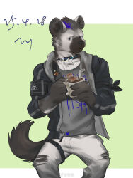 1boy absurdres arknights black_hair black_jacket chinese_commentary commentary_request cup dated drinking_straw ear_piercing eyebrow_piercing face_piercing furry furry_male grey_fur grey_shirt highres holding holding_cup hood hood_down hooded_jacket hot_chocolate hyena_boy hyena_ears infection_monitor_(arknights) jacket looking_at_viewer male_focus mixed-language_commentary multicolored_hair pants piercing shirt signature smile spot_(arknights) streaked_hair torn_clothes torn_pants tyoung_233 white_pants