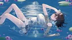 1girl absurdres ahoge artist_logo blue_hair breasts brown_hair colored_inner_hair commentary_request commission cross-shaped_pupils dress feet_out_of_frame flower hair_between_eyes half-closed_eyes hand_on_own_forehead hand_up heterochromia highres indie_virtual_youtuber knees_up lily_pad logo looking_at_viewer looking_to_the_side lying medium_breasts medium_hair meica_(vtuber) mixed-language_commentary multicolored_hair on_back on_water parted_lips partially_submerged phzimi000 ripples sad sleeveless sleeveless_dress solo spaghetti_strap spanish_commentary sprout-shaped_pupils symbol-shaped_pupils tears virtual_youtuber water water_lily_flower watermark white_dress